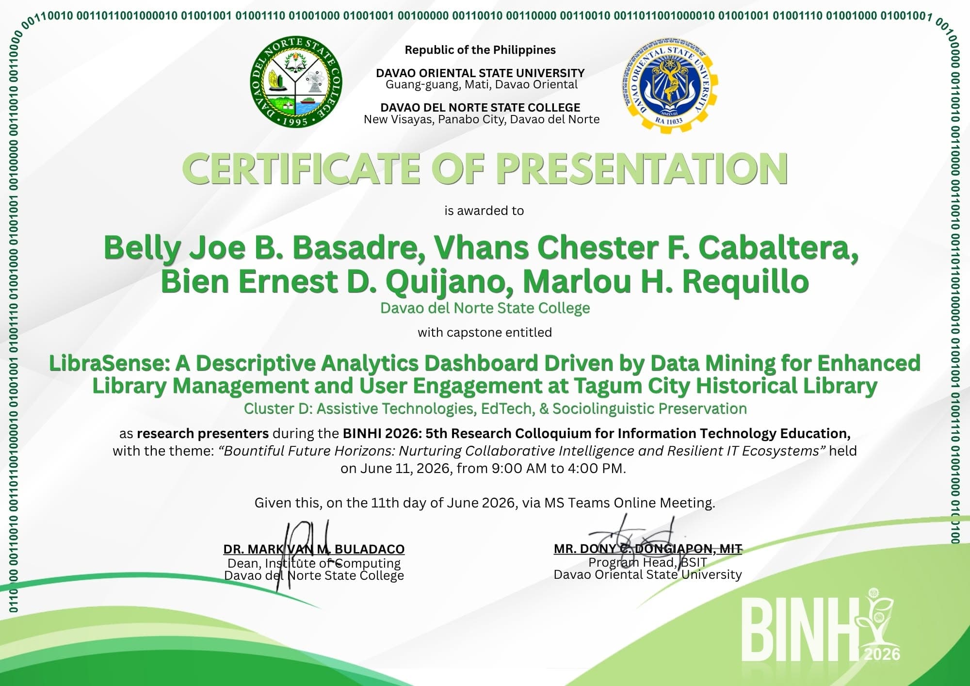 BINHI 2026 Research Presentation - LibraSense certificate preview